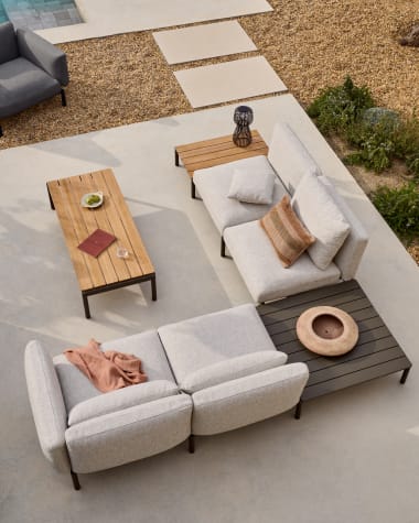 Sorells outdoor modular 4-seater corner sofa with beige upholstery and grey aluminium with teak table 353 x 316.5cm FSC 100%