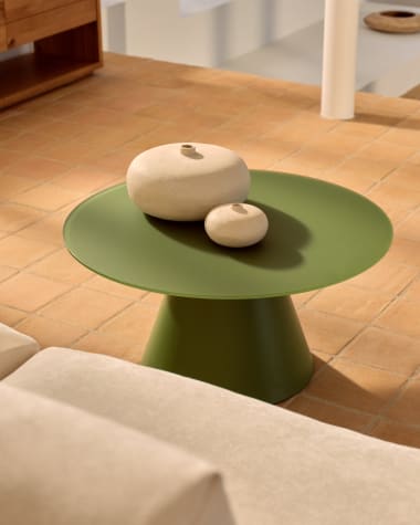 Wilshire coffee table with frosted tempered glass and matt green painted steel finish Ø80cm