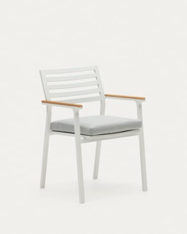 Bona aluminium stackable garden chair with a white finish and solid teak wood armrests