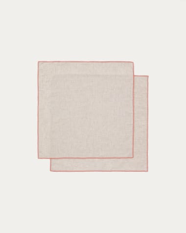 Veliat set of 2 beige linen and viscose napkins with contrasting pink trim 40 x 40cm